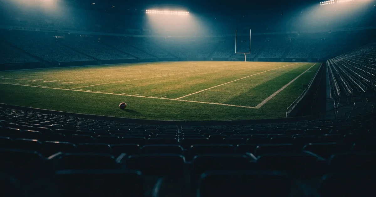 Ein American-Football-Feld mit weißen Yardlinien im Flutlicht, von einer hohen Tribüne aus gesehen, die Ränge leer, Zahlen nicht erkennbar.