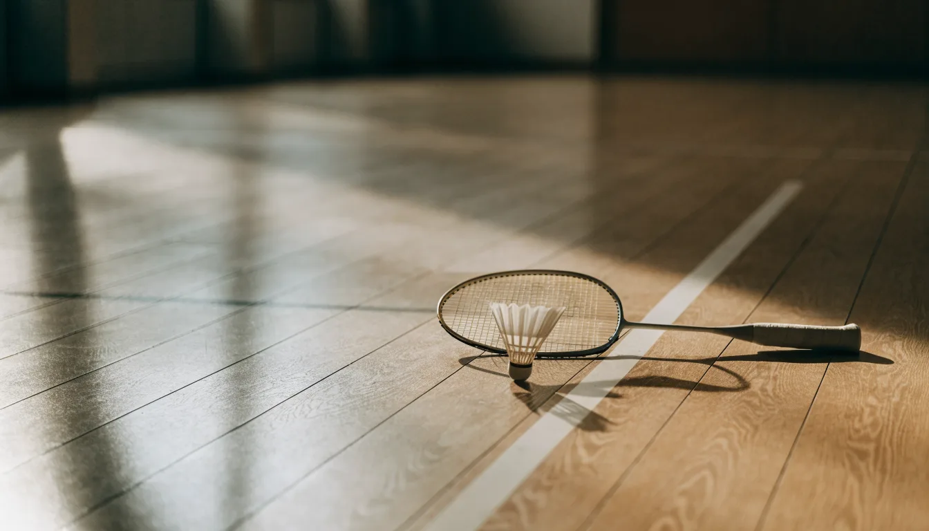 Zwei Badmintonschläger und ein Federball liegen auf einem Holzboden neben der Seitenlinie, weiches Licht fällt von der Seite ein.