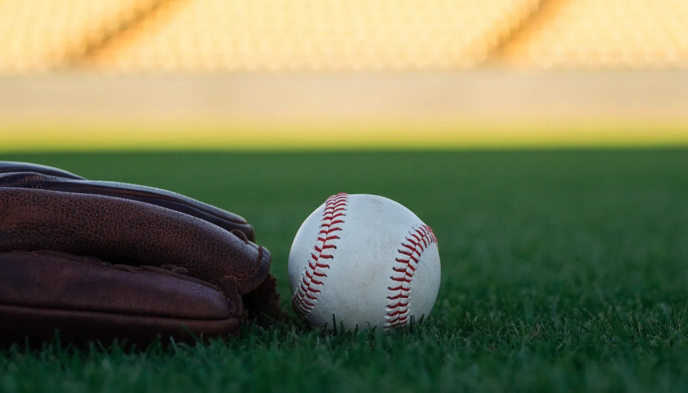 Ein weißer Baseball und ein Lederhandschuh liegen auf kurz geschnittenem Gras, im Hintergrund eine verschwommene Spielfeldbande.