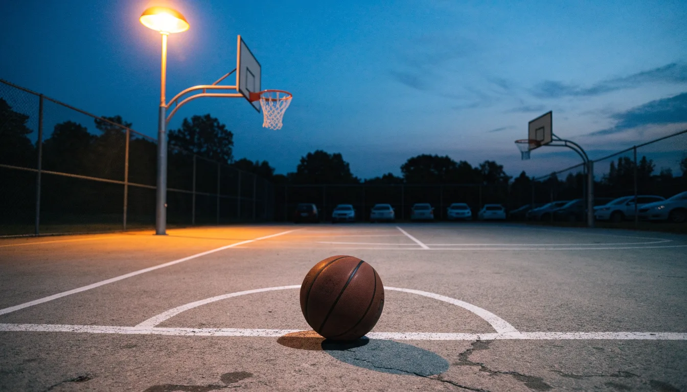 Ein Freiluft-Basketballplatz am Abend mit Asphalt, Linien und zwei Körben unter einer Straßenlaterne.