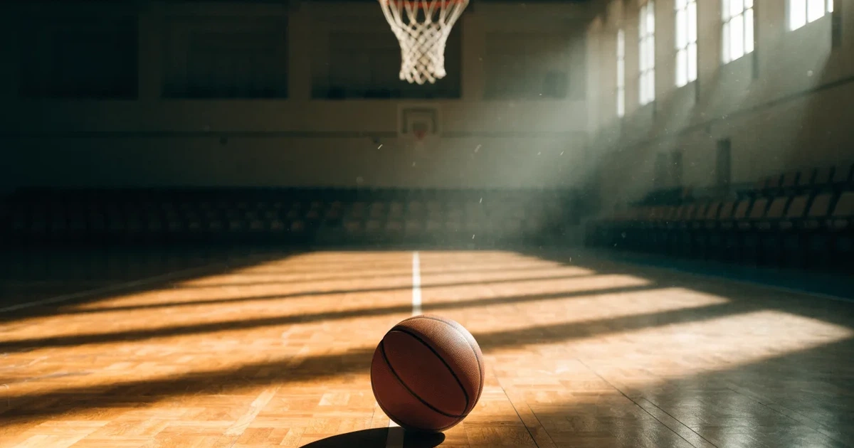 Ein Basketball liegt unter dem Korb auf dem Parkett einer leeren Sporthalle, Licht fällt durch hohe Fenster.