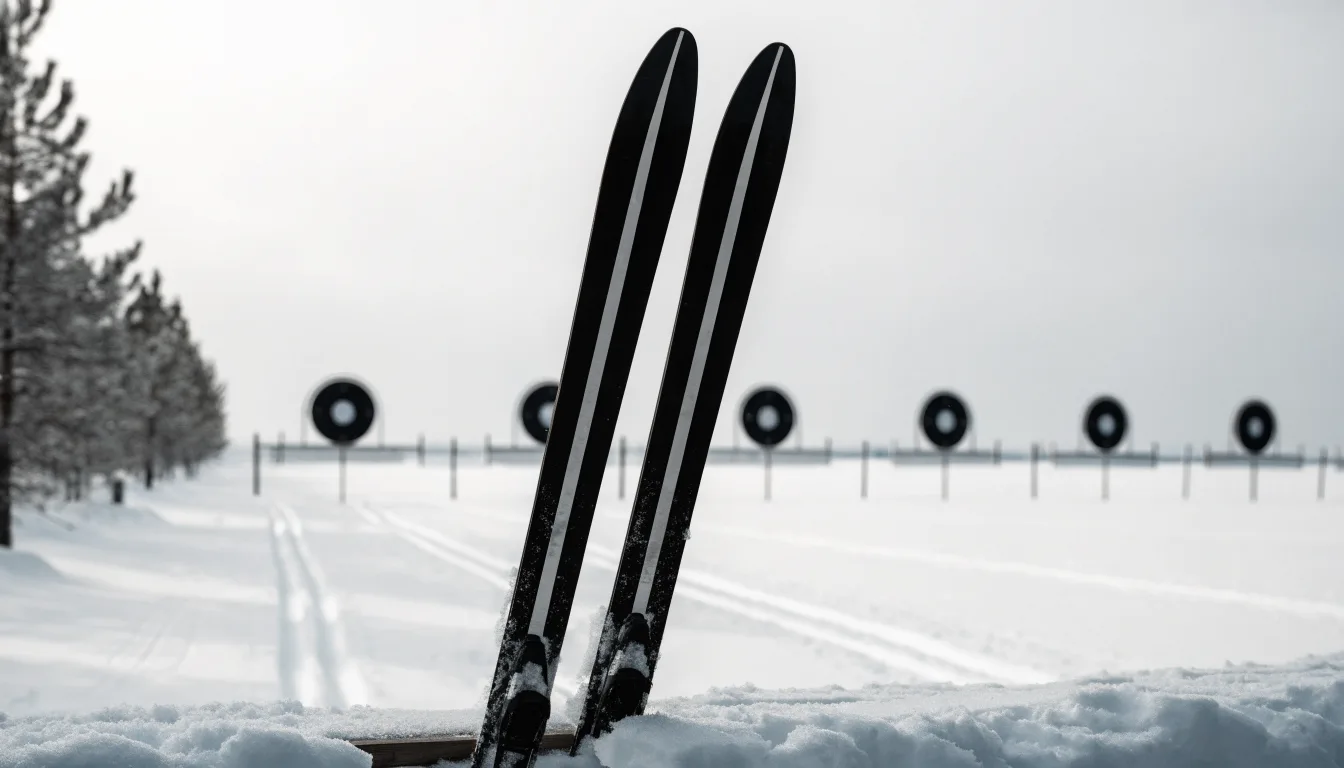 Ein Paar Langlaufskier steckt aufrecht im Schnee neben einem leeren Schießstand mit runden Zielscheiben, kaltes Winterlicht.