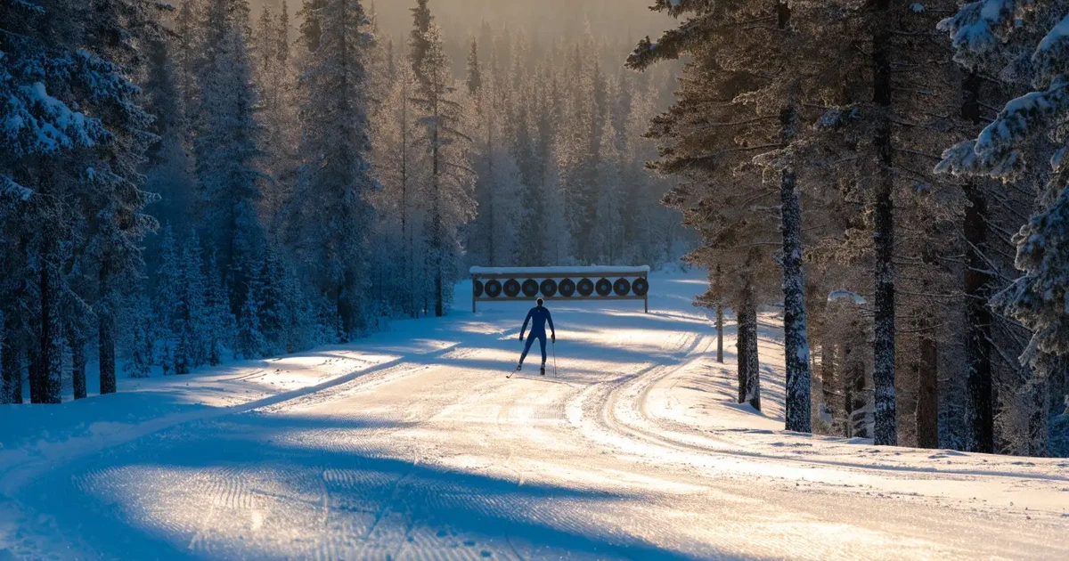 Eine verschneite Loipe zwischen Fichten im Morgenlicht, frische Spuren im Schnee, kein Mensch zu sehen.