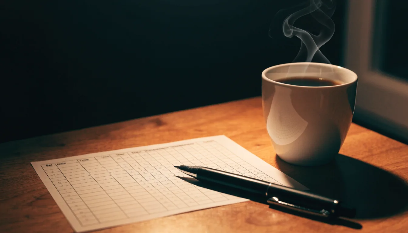 Ein leerer Papierwettschein und ein Kugelschreiber liegen auf einem Holztisch neben einer Tasse, warmes Licht einer Lampe.