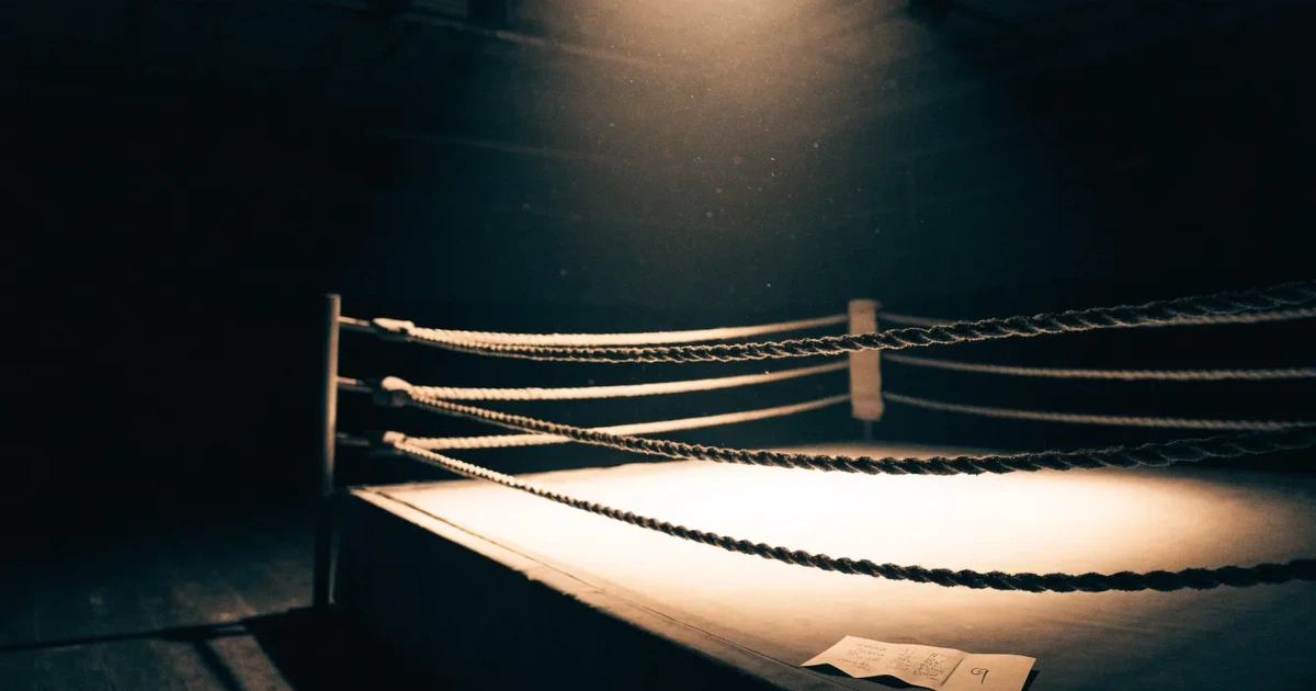 Ein Boxring mit gespannten Seilen in einer leeren Halle, ein einzelner Scheinwerfer leuchtet von oben auf die Ringmatte.