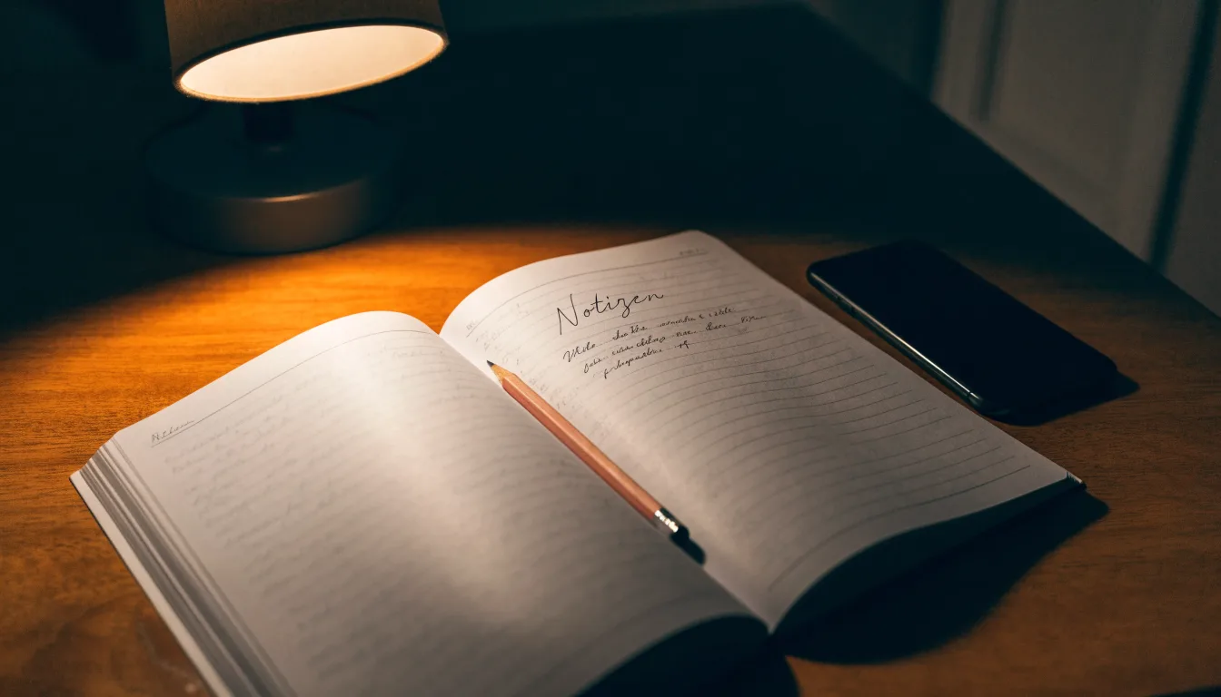 Ein Notizbuch mit handschriftlichen Notizen und ein Bleistift liegen neben einer Tischlampe auf einem Schreibtisch, ruhiges Abendlicht.