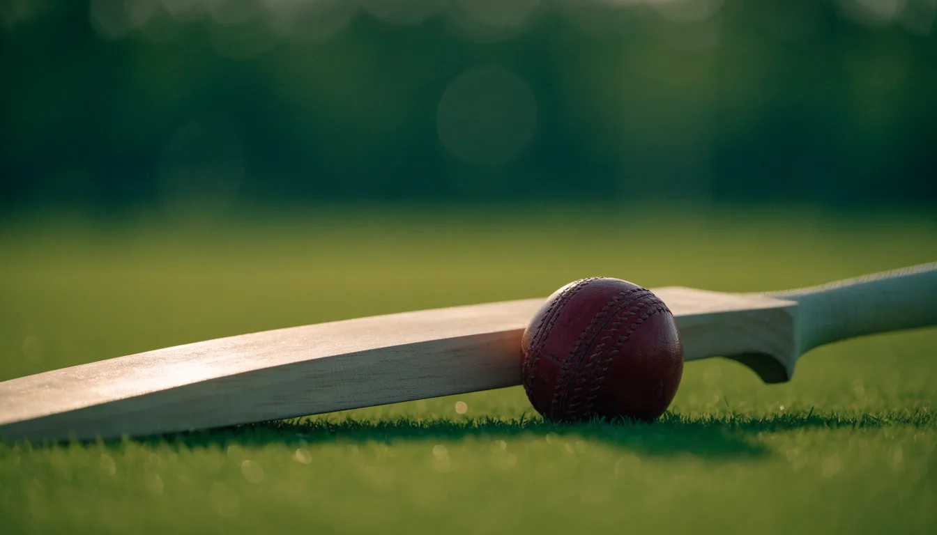 Ein Cricketschläger aus hellem Holz und ein roter Lederball liegen auf kurzem Rasen, weiches Abendlicht.