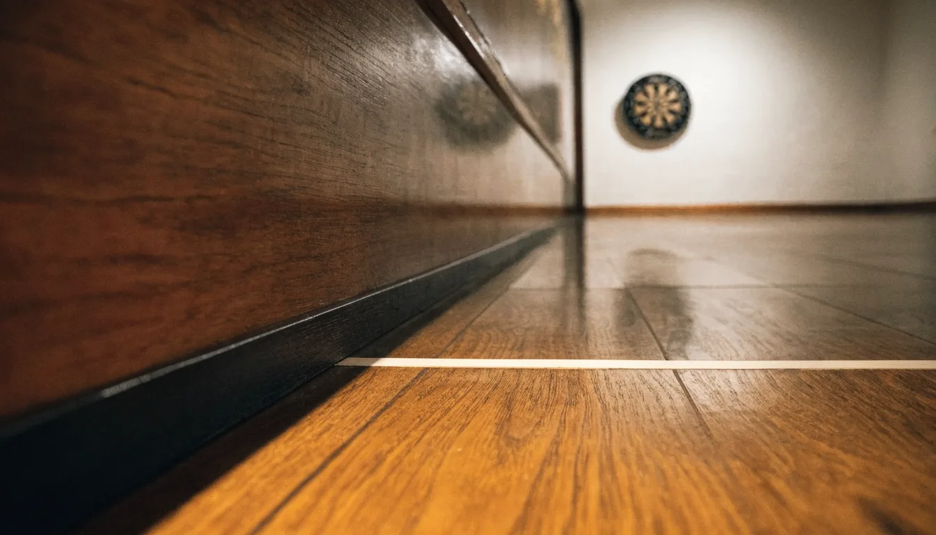 Eine Wurflinie aus Holz auf dem Hallenboden, im Hintergrund in der Ferne eine Dartscheibe an der Wand.
