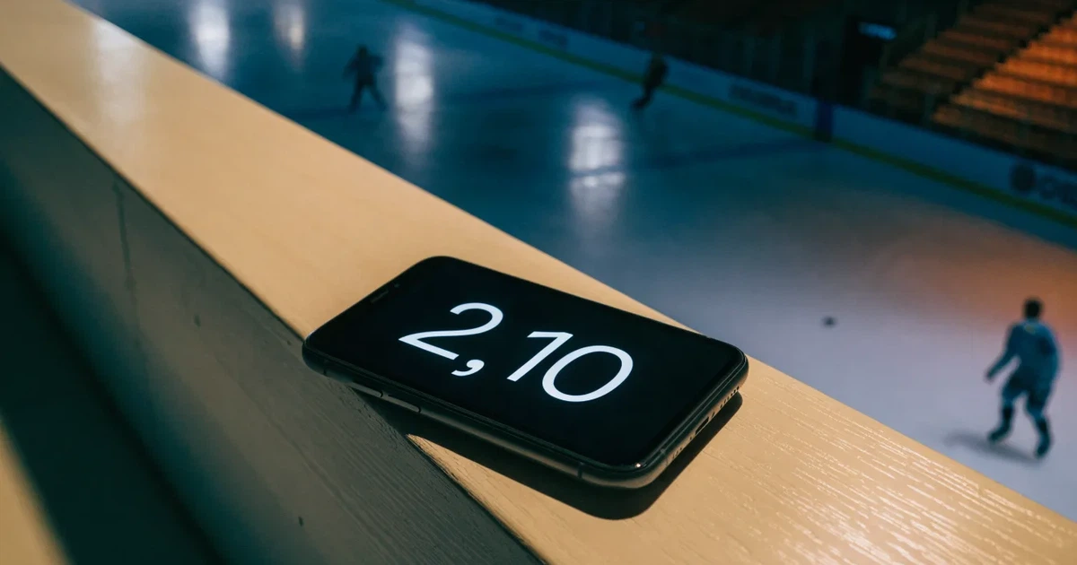 Eine Eishockeyhalle von der Tribüne aus gesehen, spiegelglatte Eisfläche, Banden ohne Schriftzüge, helles Flutlicht.