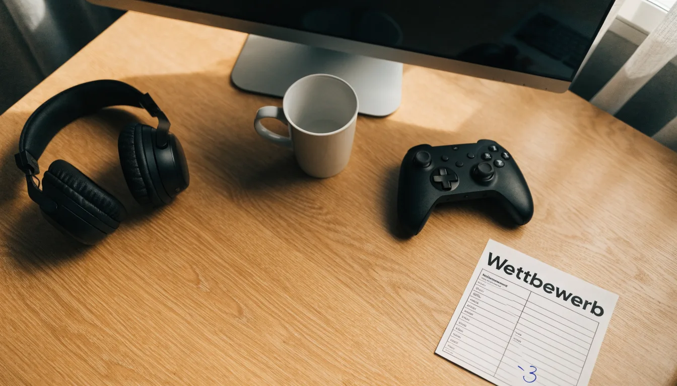 Ein Gamepad und ein Headset liegen auf einem Schreibtisch neben einer Tasse, der Bildschirm im Hintergrund ist ausgeschaltet.