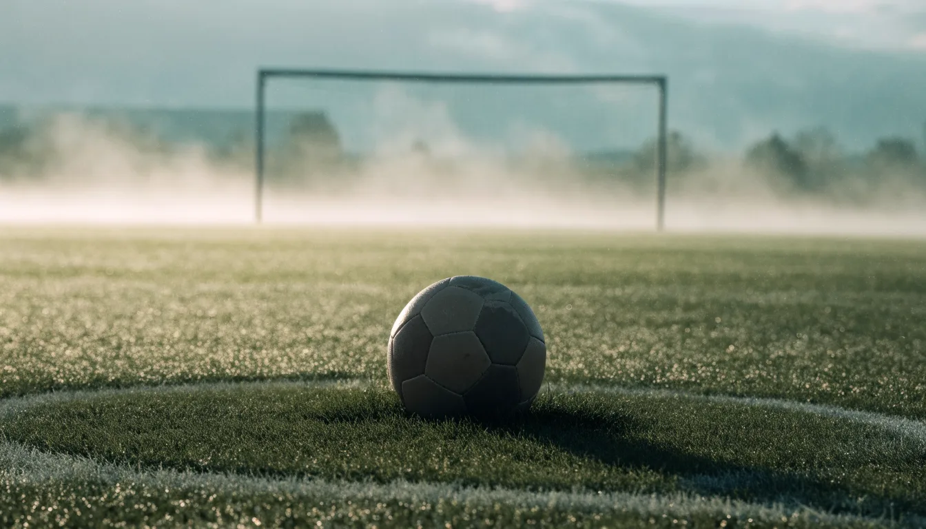 Ein Fußball liegt auf dem Elfmeterpunkt eines leeren Rasenplatzes, im Hintergrund unscharf ein Tor im Morgendunst.