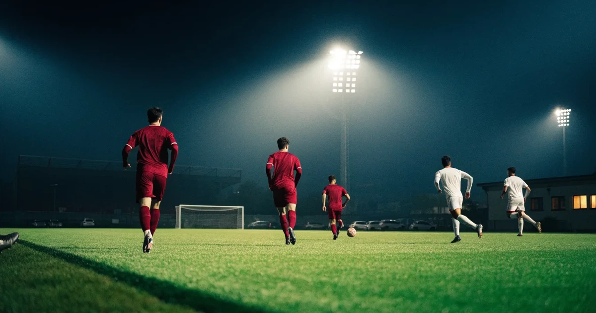 Ein Fußballstadion bei Flutlicht aus der Ferne gesehen, davor eine Straße und leuchtende Fenster eines Nebengebäudes.
