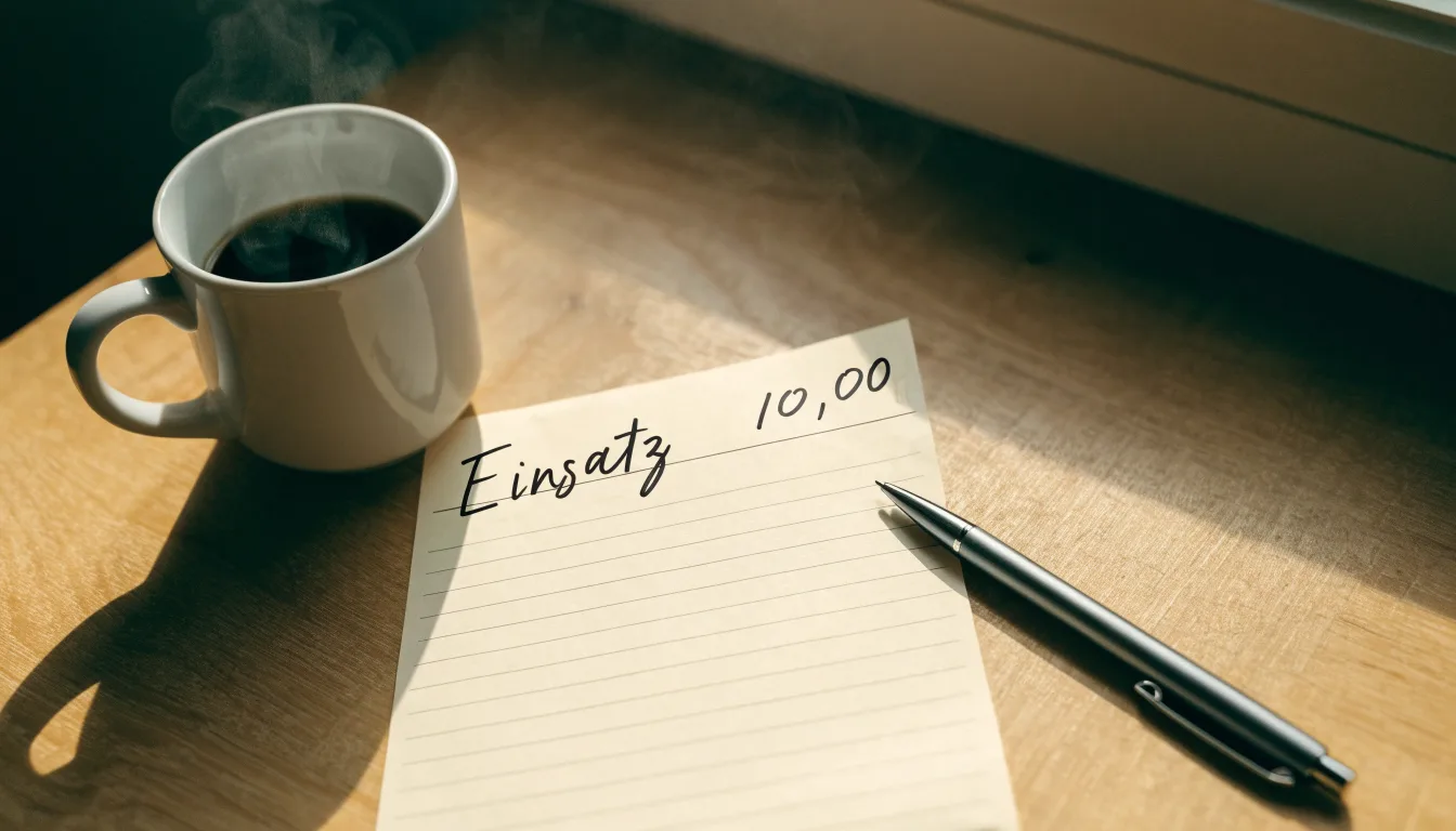 Ein leerer Wettschein aus Papier liegt neben einem Kugelschreiber und einer Tasse auf einem hellen Holztisch.
