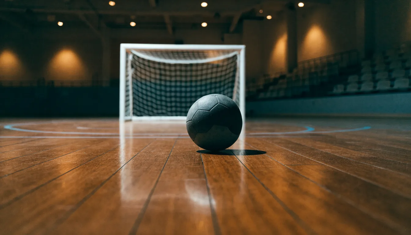 Ein kleiner schwerer Ball liegt in einer Halle auf dem Parkett vor einem Tor, warmes Licht aus den Deckenstrahlern.