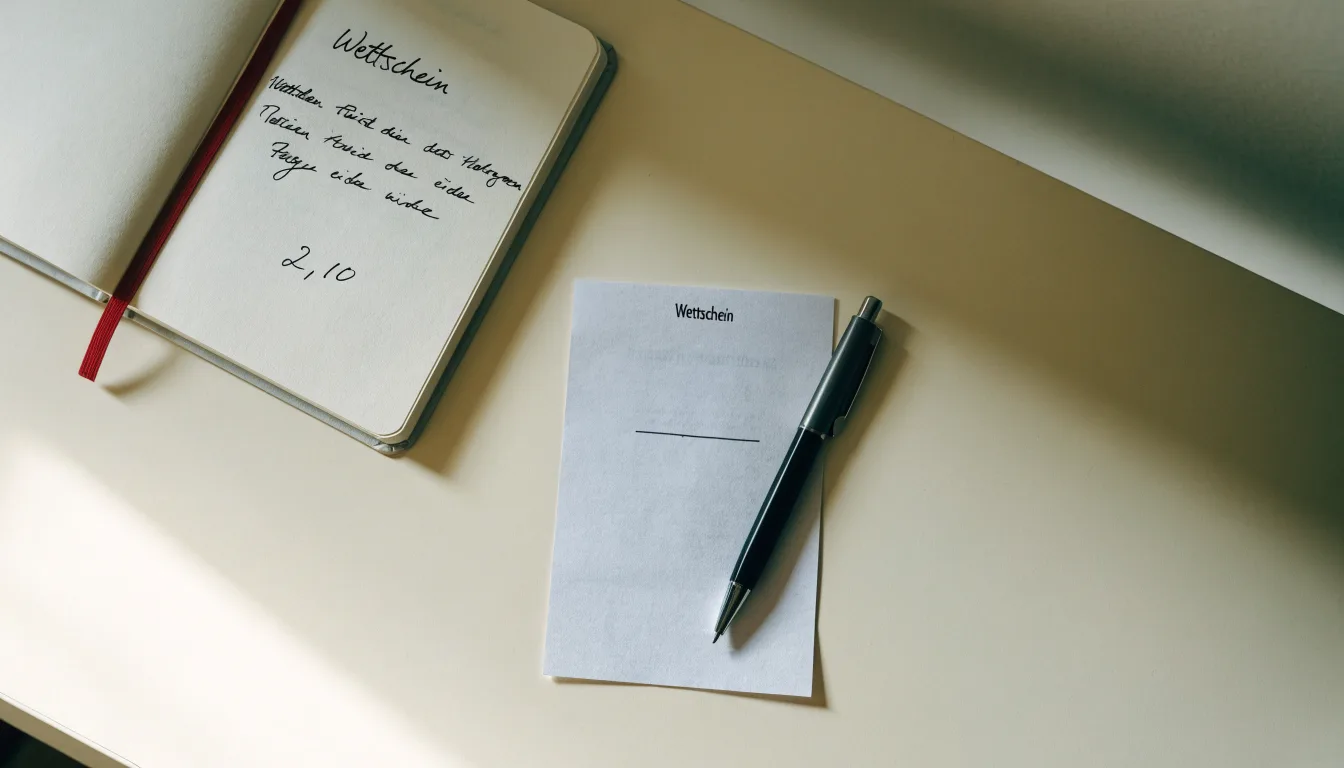 Ein leerer Papierwettschein und ein Kugelschreiber liegen auf einer glatten Schreibtischplatte neben einem Notizbuch.