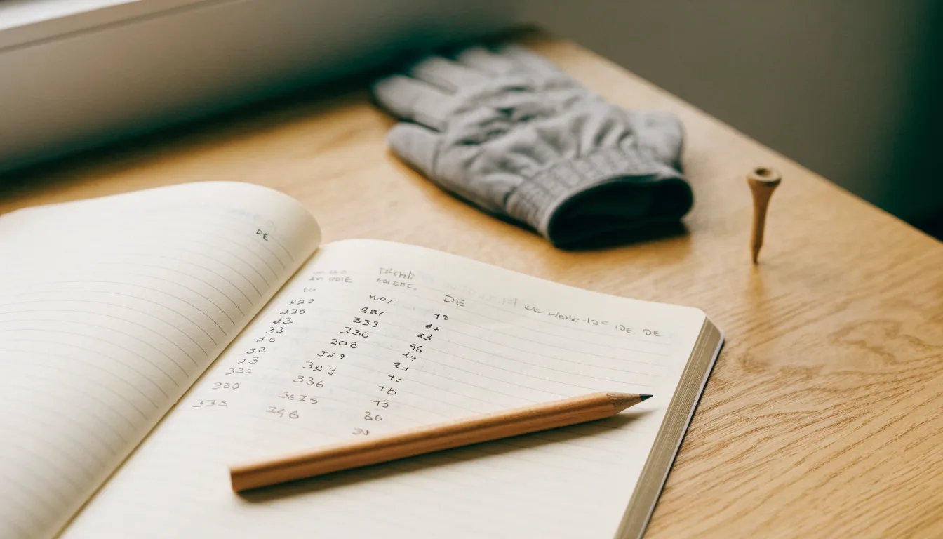 Ein Notizbuch mit handschriftlichen Notizen und ein Bleistift liegen neben einem Golfhandschuh und einem Tee auf einem Holztisch.