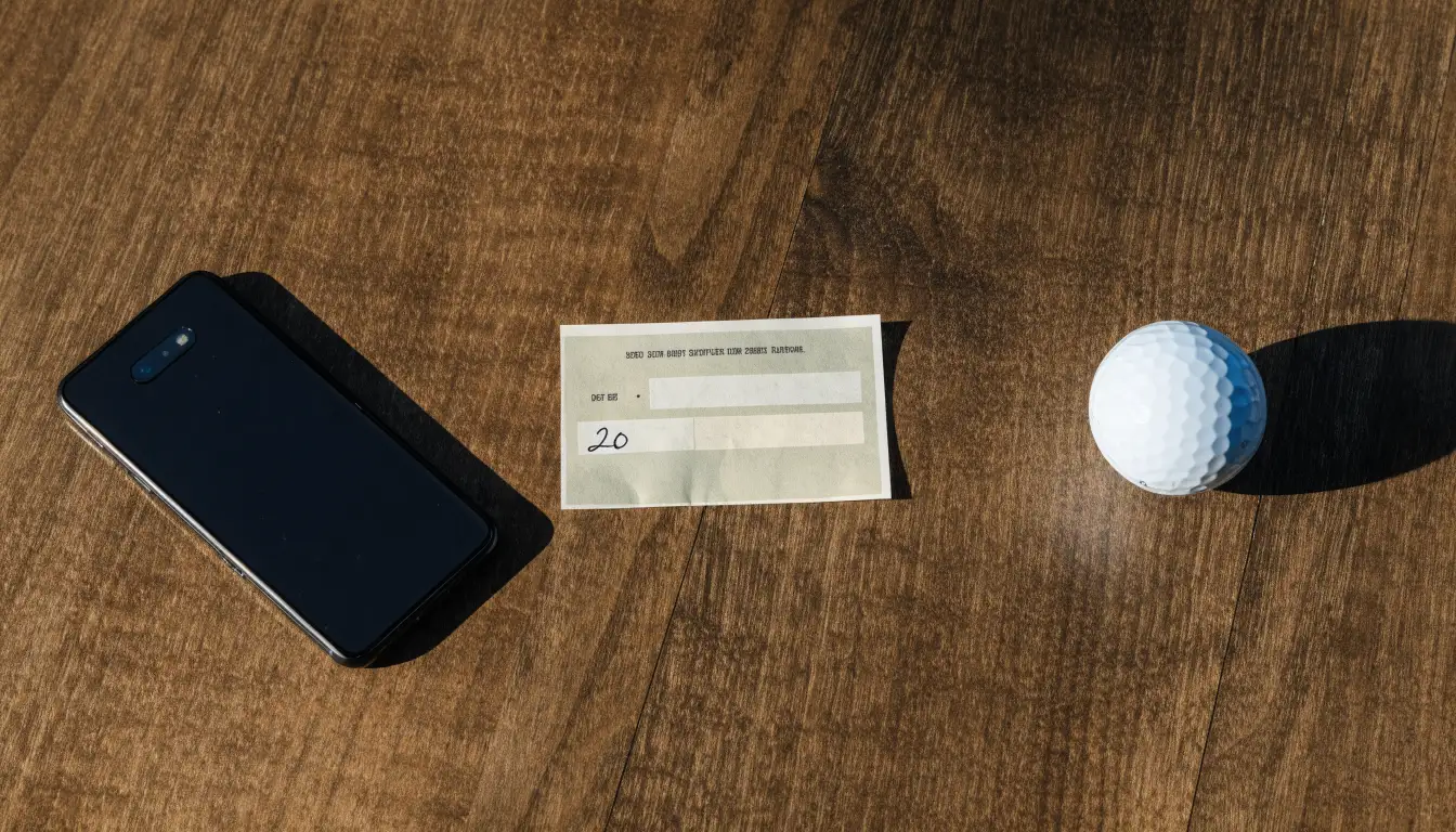 Ein leerer Wettschein aus Papier liegt neben einem Smartphone mit dunklem Display auf einem Tisch, daneben ein einzelner Golfball.