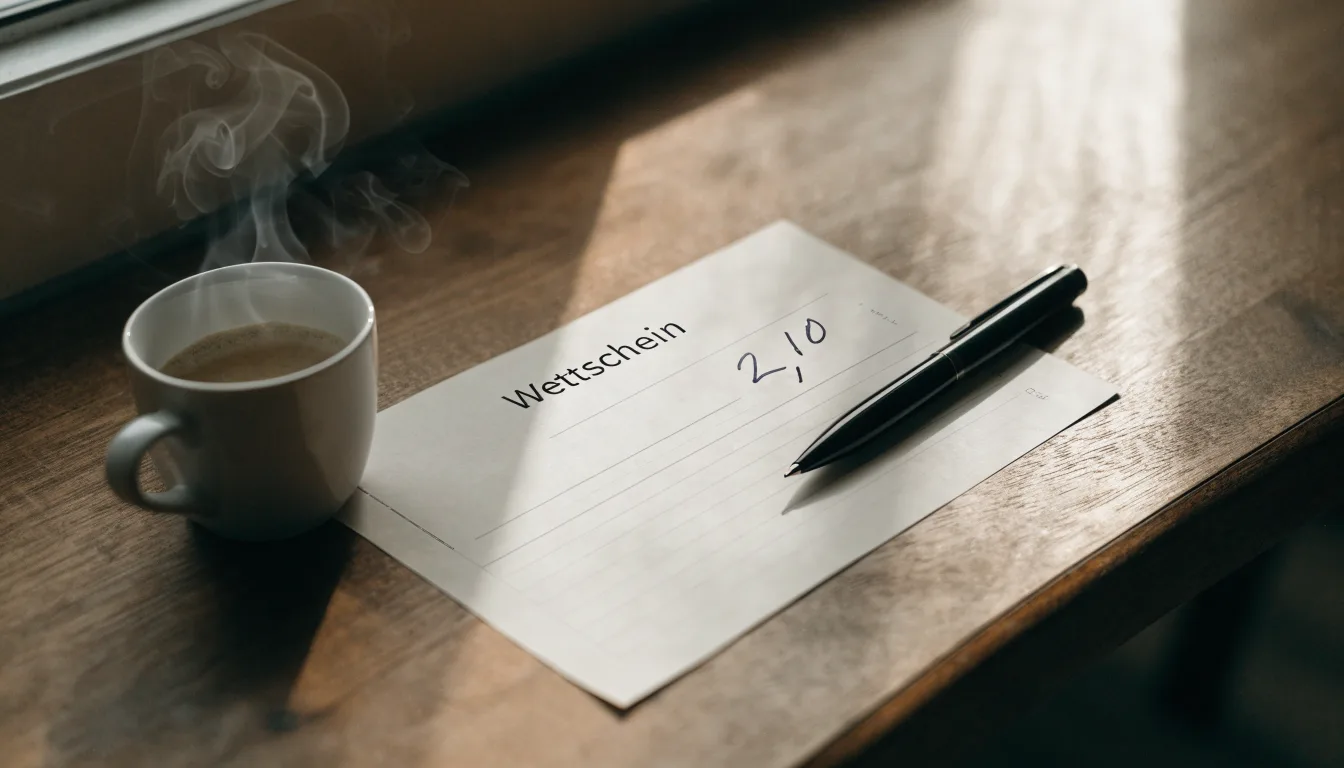 Ein leerer Wettschein aus Papier und ein Kugelschreiber liegen auf einem Schreibtisch neben einer Tasse Kaffee im Tageslicht.