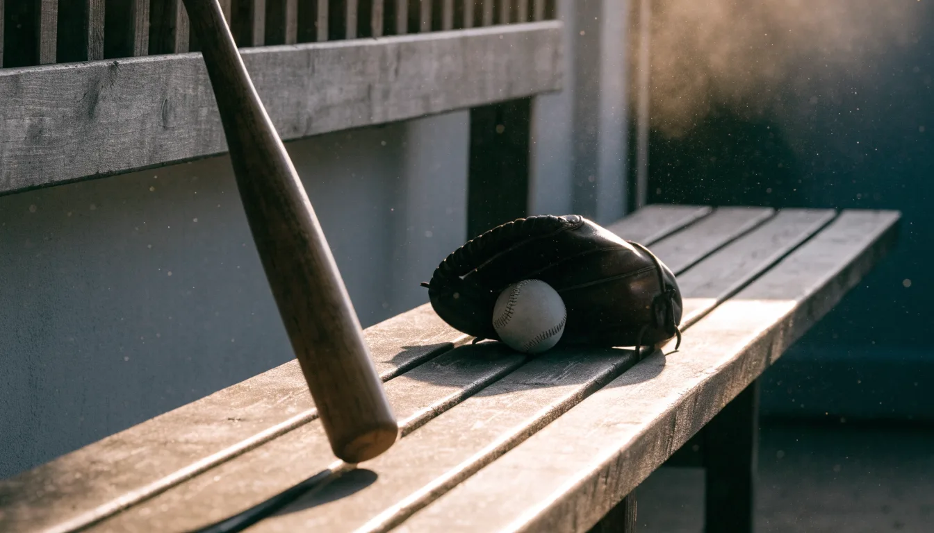 Ein Baseballschläger lehnt an einer Bank im Dugout, daneben liegen ein Handschuh und ein Ball im Licht der Nachmittagssonne.