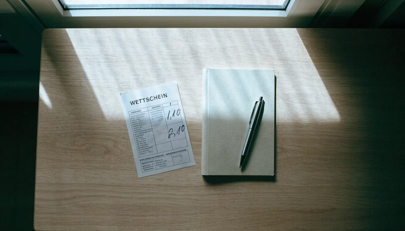 Ein leerer Wettschein aus Papier liegt neben einem Notizbuch und einem Stift auf einem aufgeräumten Schreibtisch.