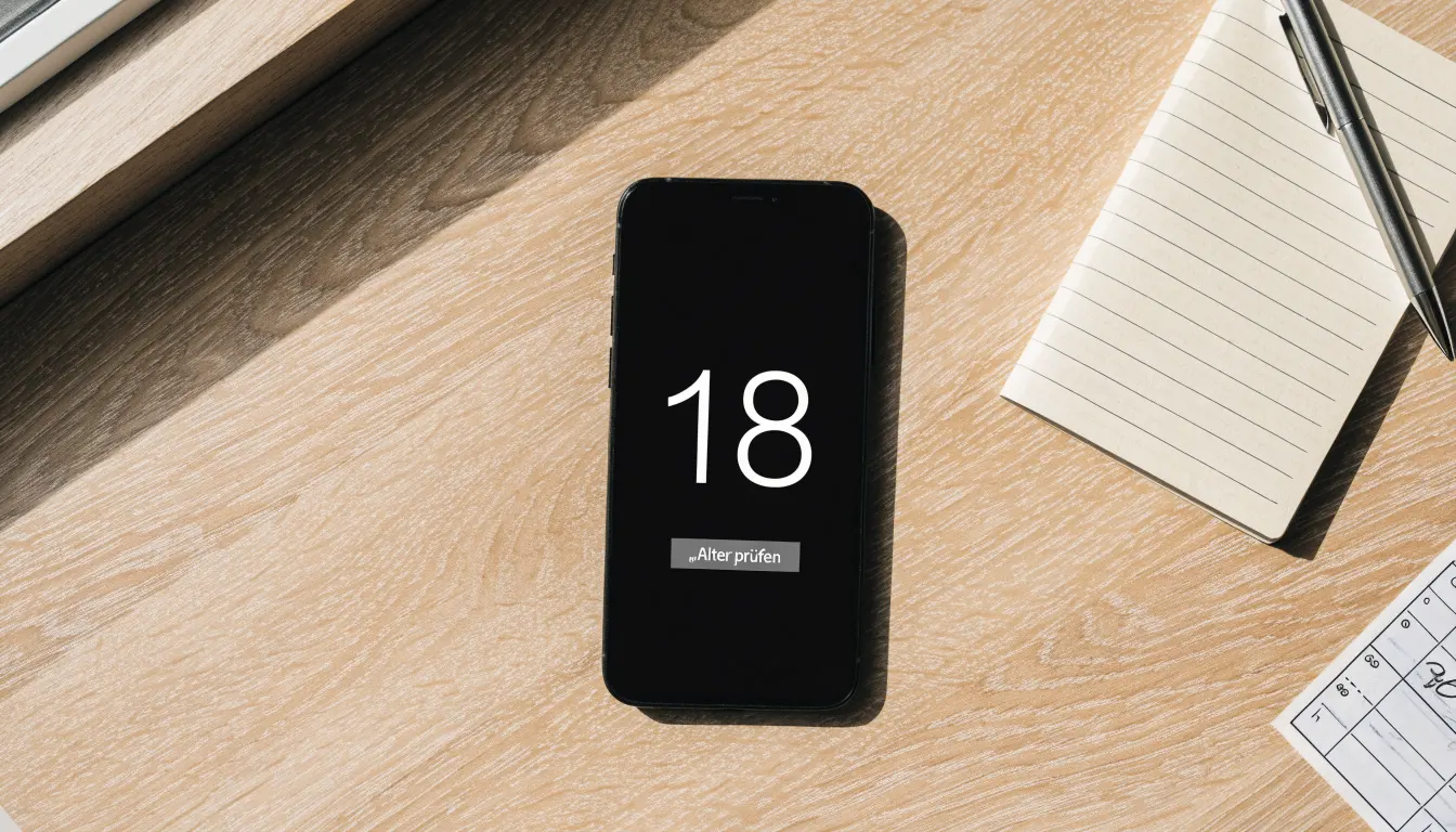 Ein Smartphone mit dunklem Display liegt neben einem Notizbuch und einem Kugelschreiber auf einem Tisch.