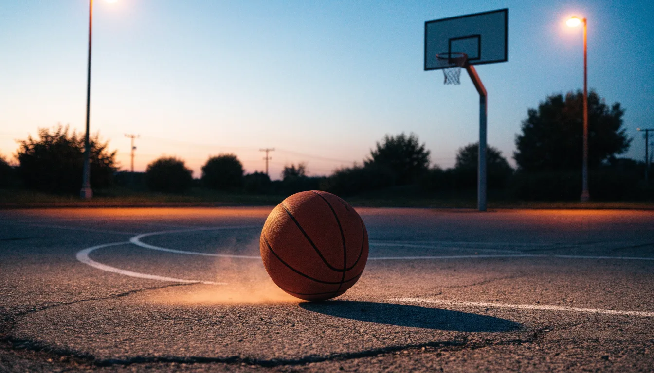 Ein Basketball rollt auf einem Freiluftplatz in der Abenddämmerung zu einem Korb, die Straßenlaternen leuchten bereits.