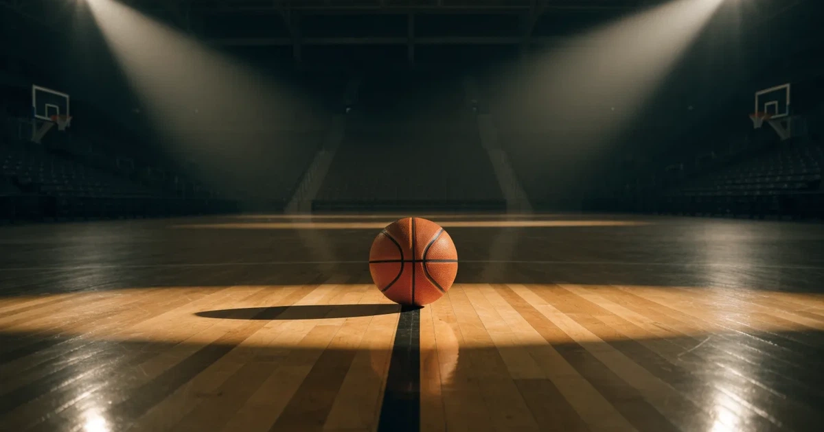 Ein Basketball liegt auf dem Parkettboden einer leeren Arena, Scheinwerfer werfen Licht auf die Mittellinie.