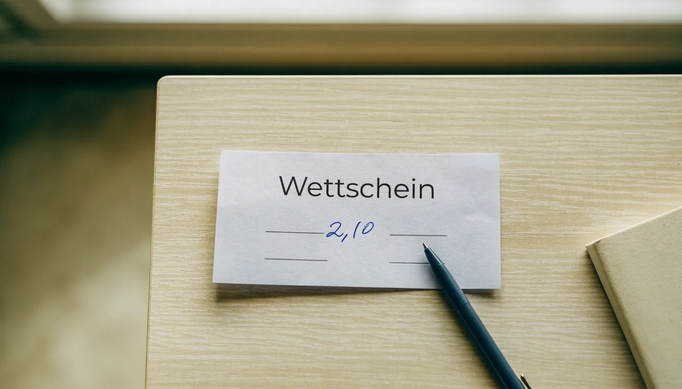 Ein leerer Wettschein aus Papier liegt neben einem Kugelschreiber auf einem Schreibtisch im Tageslicht.