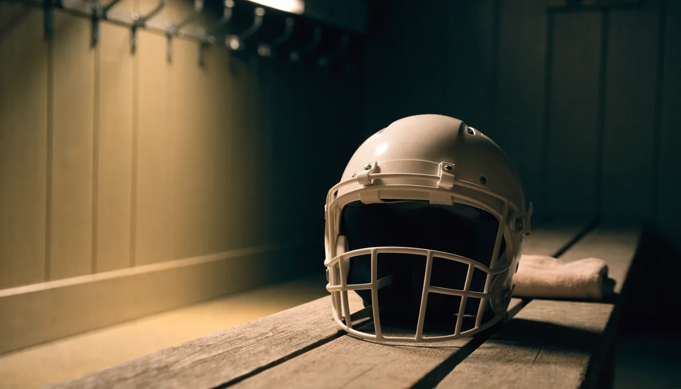 Ein neutraler Footballhelm ohne Aufdruck steht auf einer Holzbank in einer Umkleidekabine.