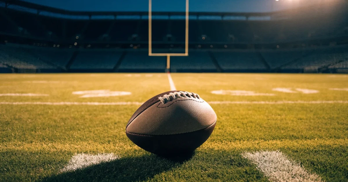Ein American Football liegt auf dem Rasen eines leeren Stadions unter Flutlicht, die Torstangen ragen im Hintergrund auf.