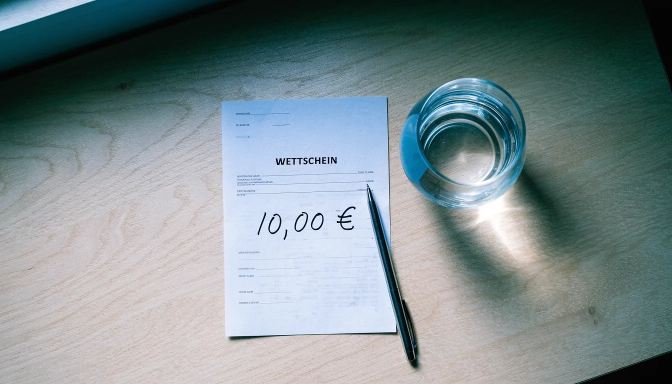 Ein leerer Wettschein aus Papier liegt neben einem Stift auf einem Tisch, daneben ein Glas Wasser.