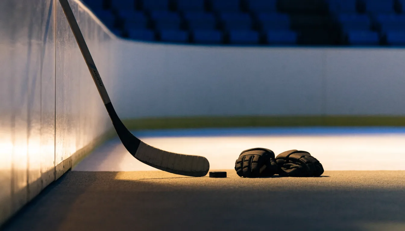 Ein Eishockeyschläger lehnt an einer Bande, daneben liegen ein Puck und ein Paar Handschuhe in einer Eishalle.