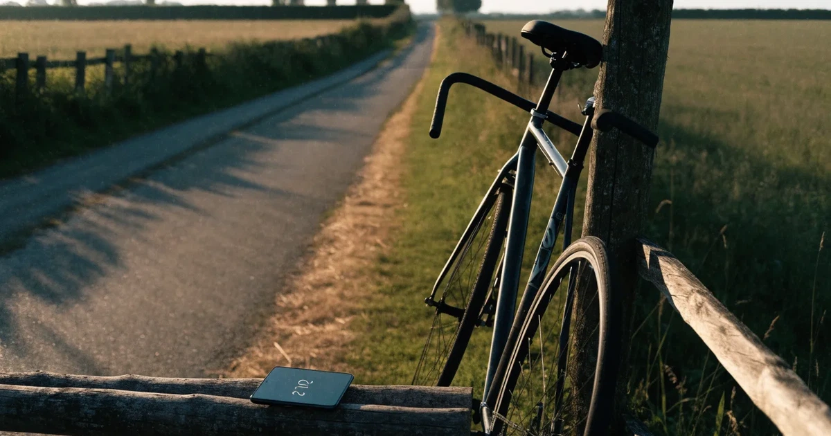 Eine Landstraße zwischen Feldern im Morgenlicht, am Straßenrand lehnt ein Rennrad ohne Aufschrift an einem Pfosten.