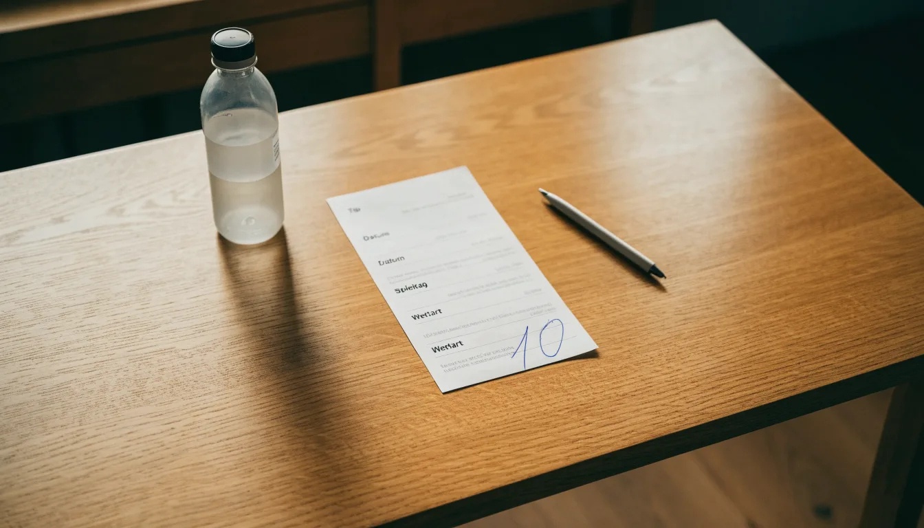 Ein leerer Wettschein aus Papier liegt neben einer Trinkflasche und einem Stift auf einem Tisch.
