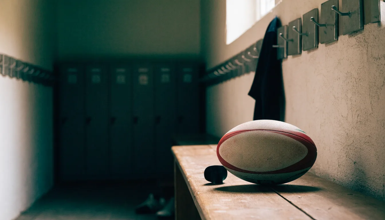 Ein Rugbyball und ein Mundschutz liegen auf einer Holzbank neben einer Reihe Kleiderhaken in einer Umkleide.