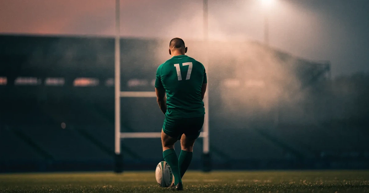 Ein ovaler Rugbyball liegt vor den hohen Torstangen auf nassem Rasen, über dem Stadion zieht Nebel auf.