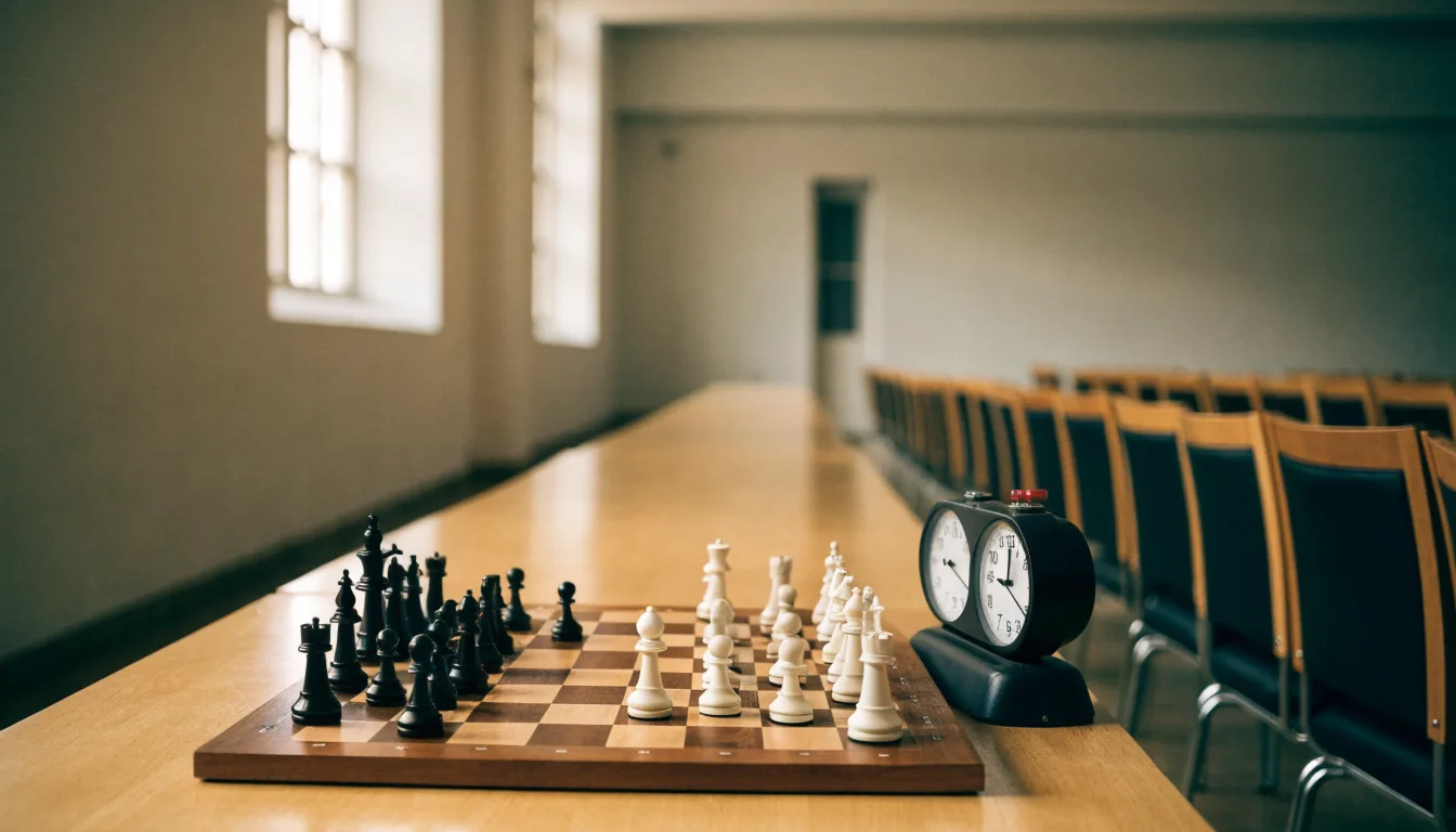Ein Schachbrett und eine Schachuhr stehen auf einem Tisch in einem leeren Turniersaal, die Stühle sind ordentlich zurückgeschoben.