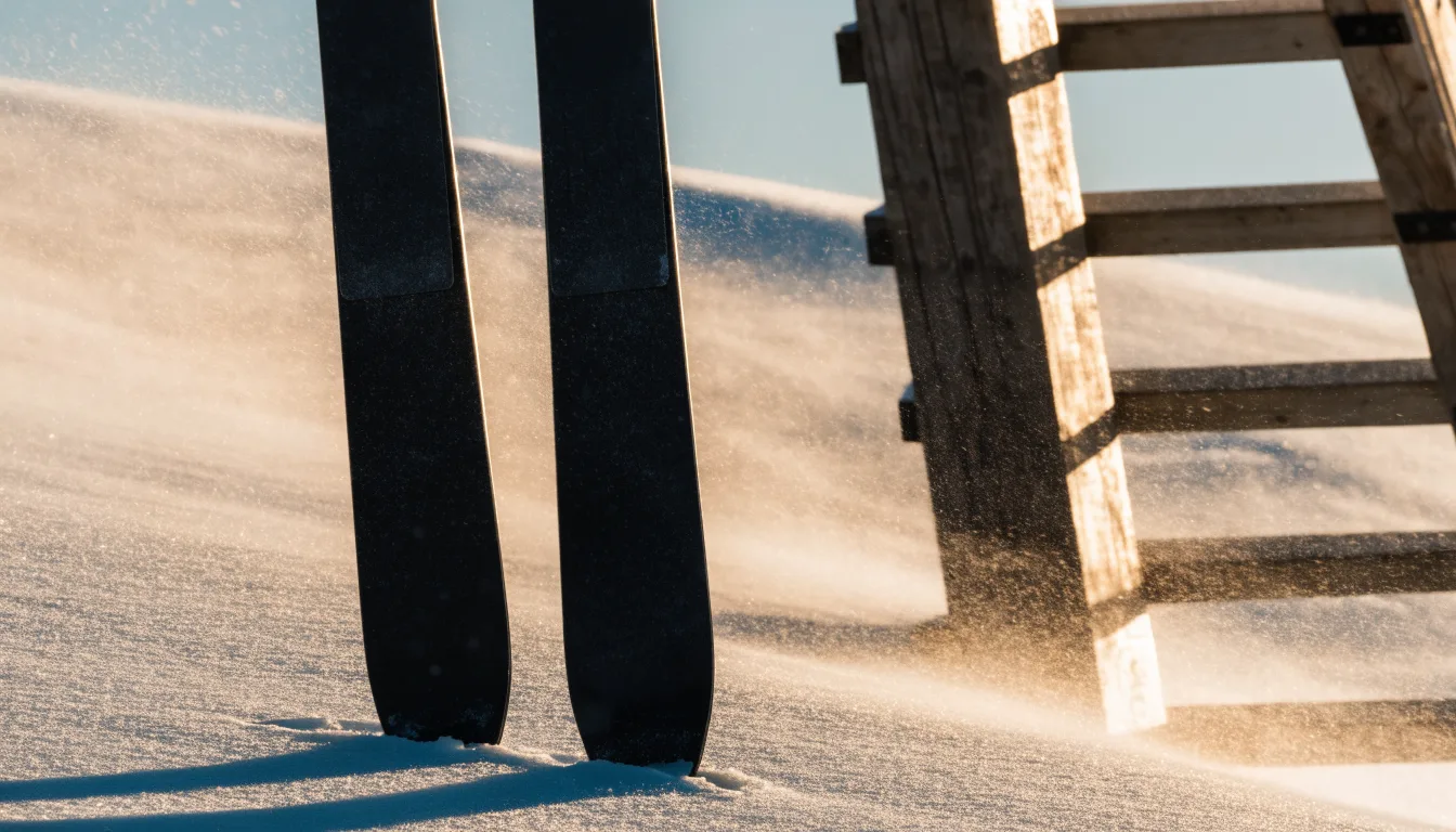 Ein Paar Skier steckt aufrecht im Schnee neben einem Anlaufturm, im Hintergrund wirbelt feiner Schnee im Wind.