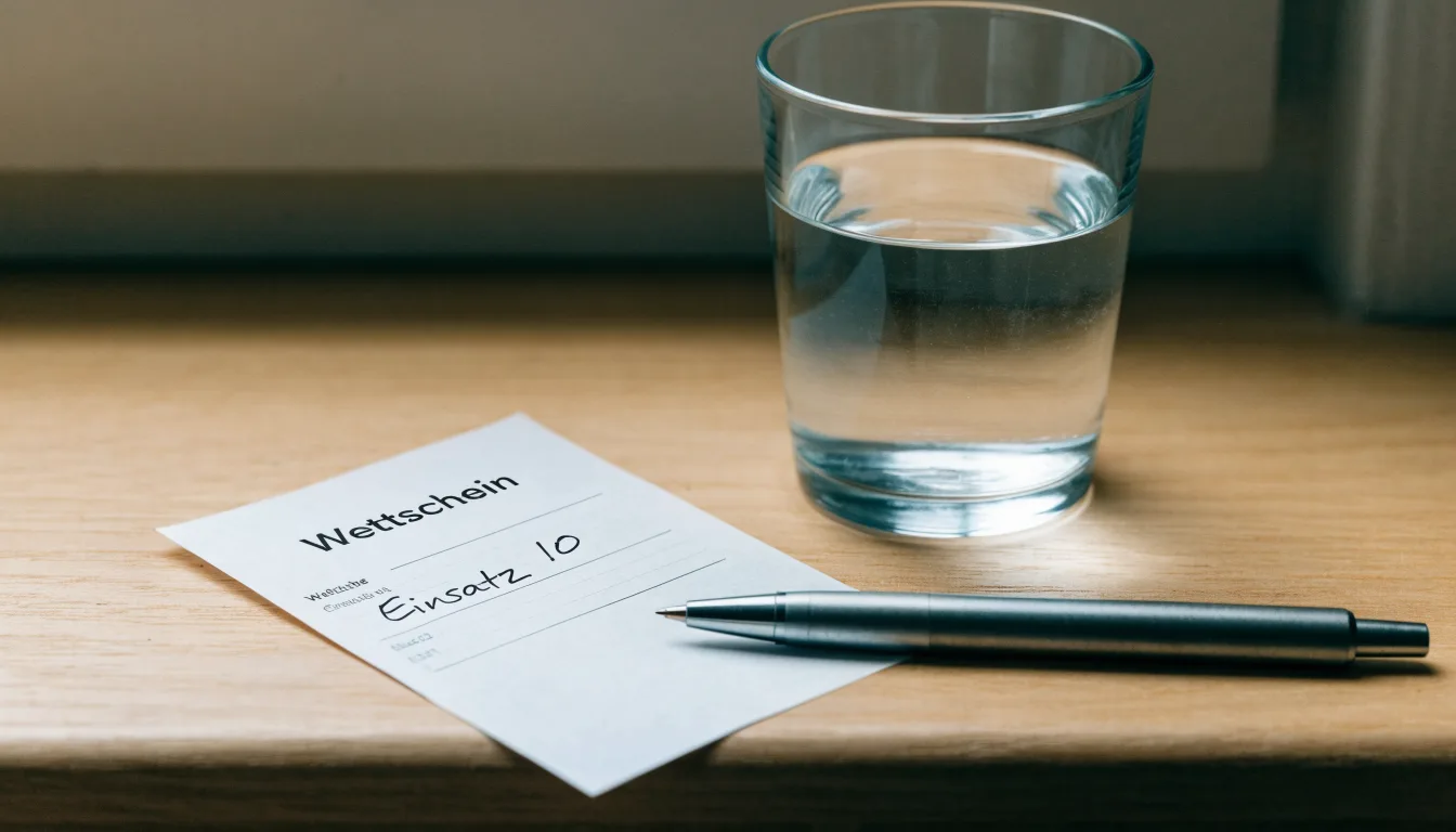 Ein leerer Wettschein aus Papier und ein Kugelschreiber liegen neben einem Glas Wasser auf einer Fensterbank.