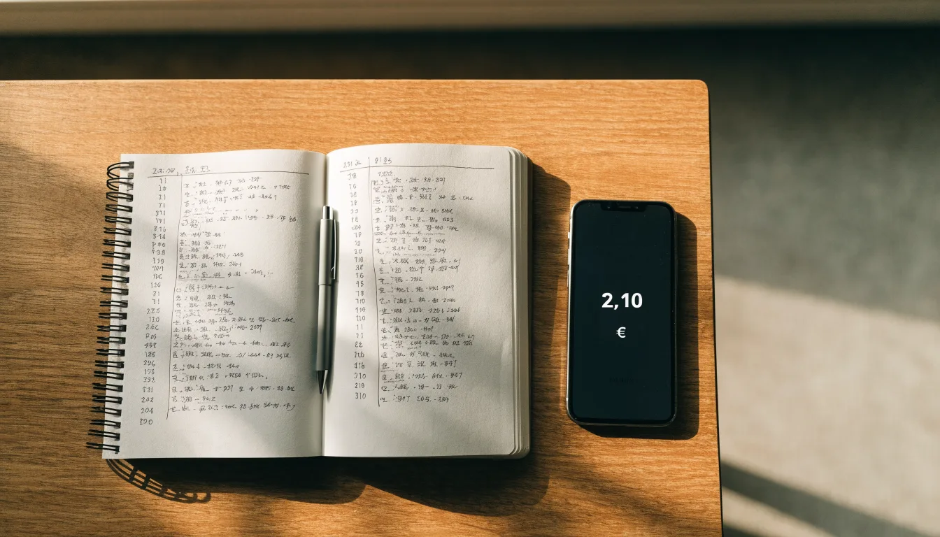 Ein aufgeschlagenes Notizbuch mit handschriftlichen Rechnungen liegt neben Stift und Smartphone auf einem Holztisch im Tageslicht.