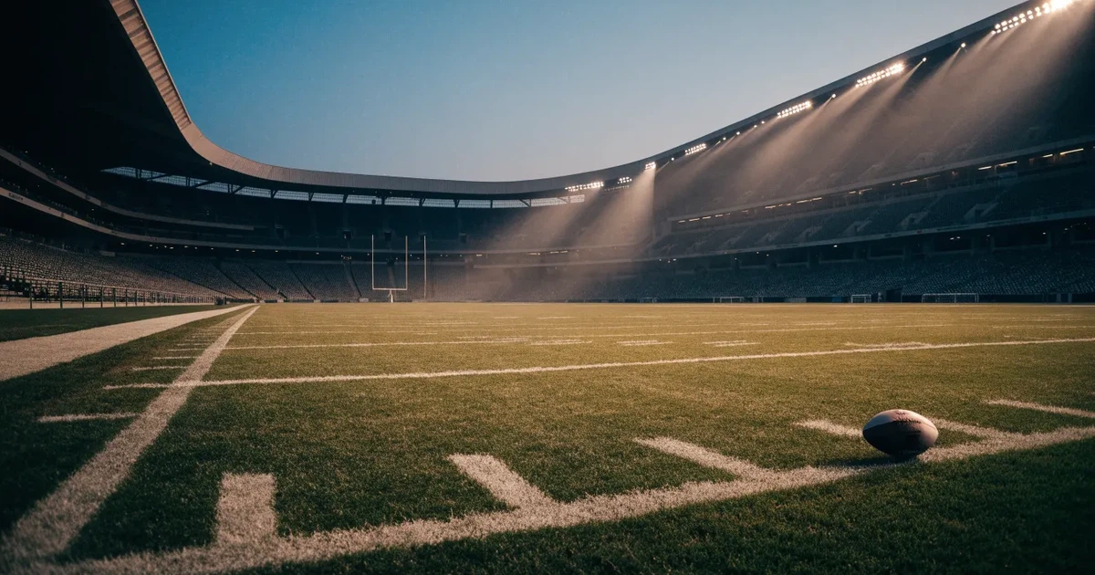 Ein Footballstadion bei Flutlicht aus der Ferne gesehen, davor ein leerer Rasen mit Yard-Linien und ein ovaler Ball am Spielfeldrand.
