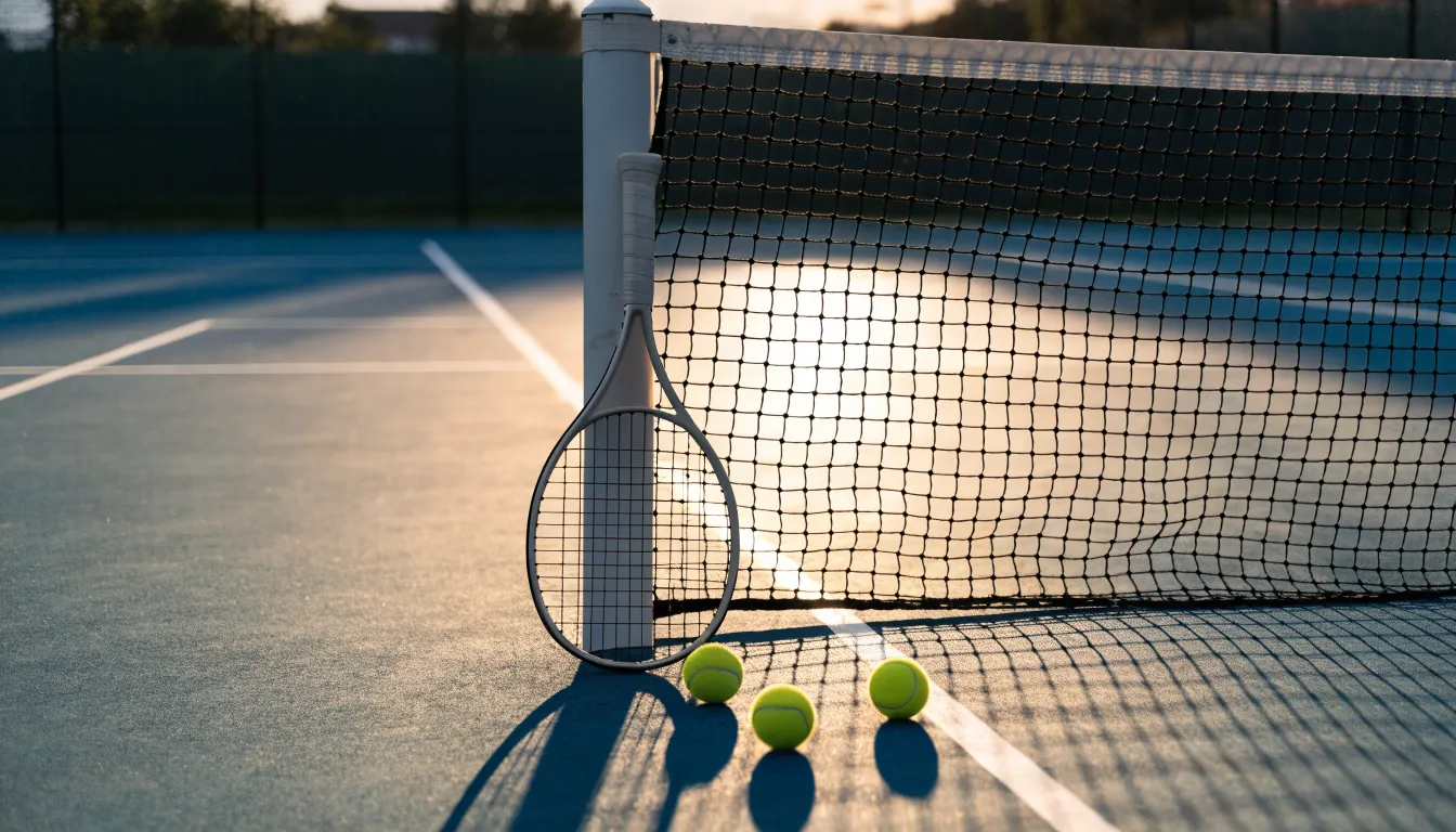 Ein Tennisschläger lehnt an einem Netzpfosten, daneben liegen drei Bälle auf einem Hartplatz in warmem Nachmittagslicht.