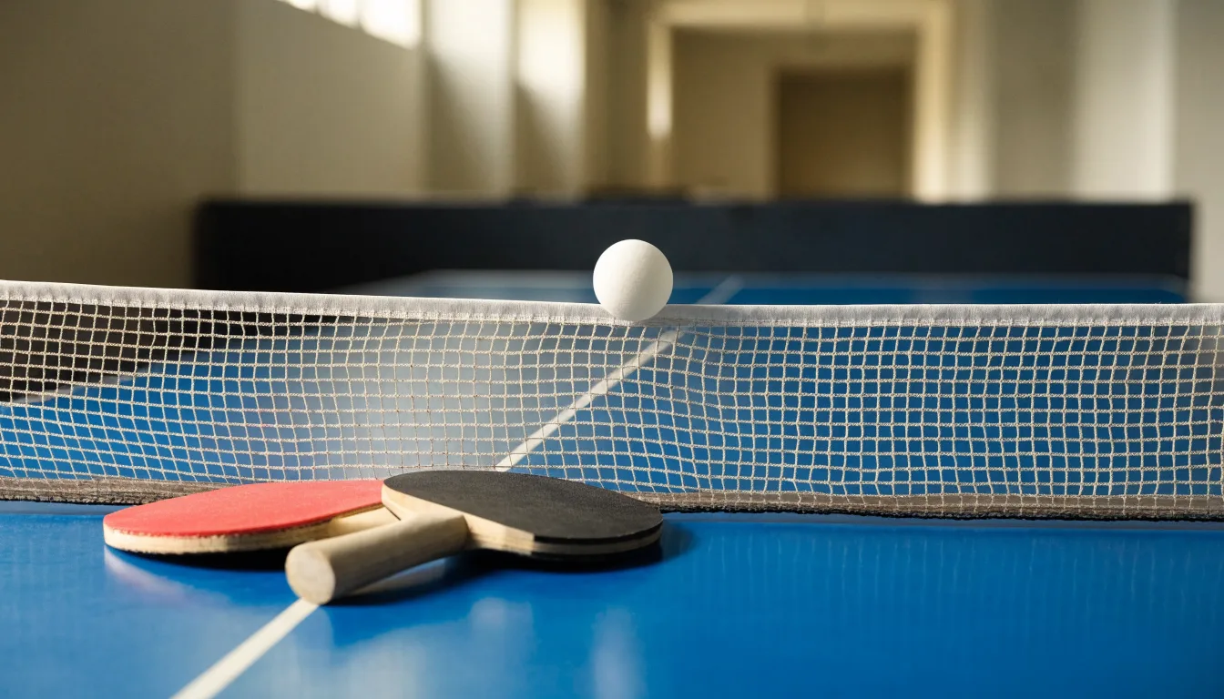 Ein weißer Ball liegt in Nahaufnahme auf der Netzkante einer Tischtennisplatte, daneben zwei Holzschläger mit rotem und schwarzem Belag.