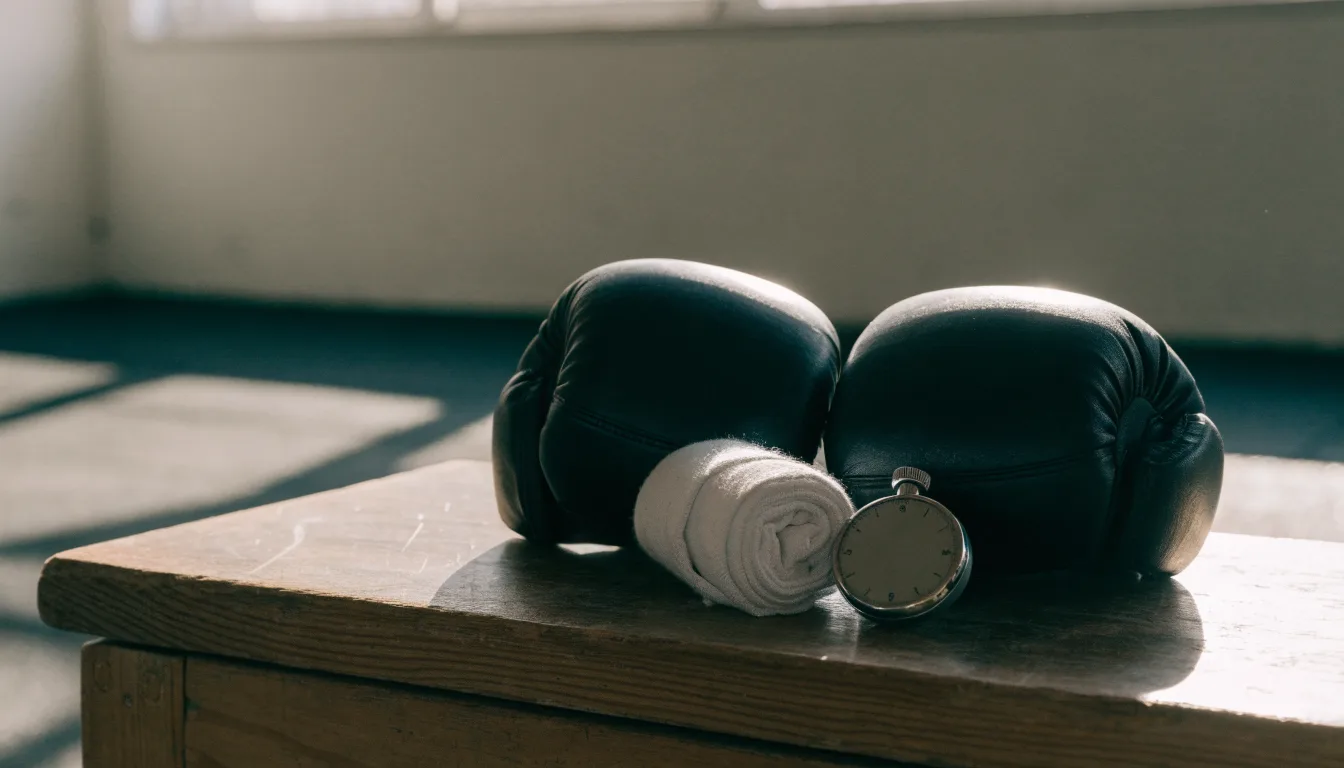 Ein Paar Kampfhandschuhe und eine Stoppuhr liegen auf einer Bank im Trainingsraum neben einer aufgerollten Handbandage.