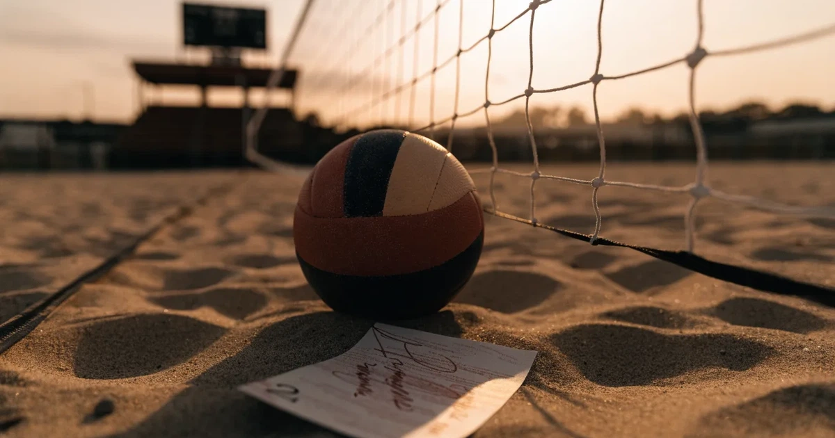 Ein Volleyball liegt auf dem Sand eines Beachvolleyball-Feldes neben dem gespannten Netz, im Hintergrund eine leere Tribüne bei Abendlicht.