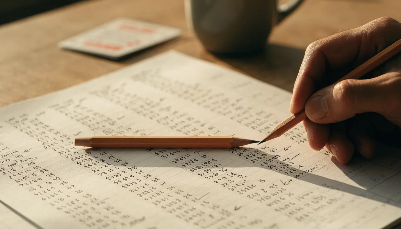 Ein Notizbuch mit handschriftlichen Spalten und einem Bleistift liegt auf einem Schreibtisch neben einem Taschenrechner.