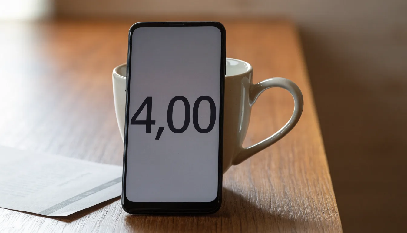 Ein Smartphone mit dunklem Bildschirm lehnt an einer Kaffeetasse auf einem Holztisch, daneben ein blanker Papier-Wettschein.