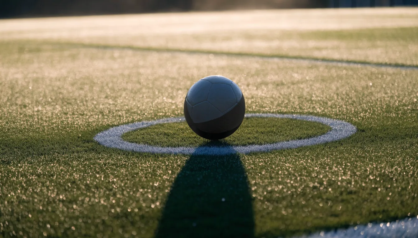 Ein Fußball liegt auf dem Anstoßpunkt eines Rasenplatzes im ersten Morgenlicht, Tau glänzt auf dem Gras.