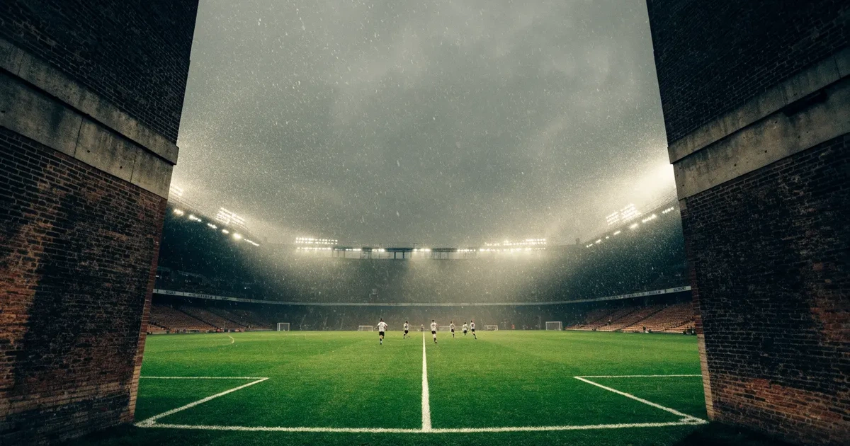 Ein englisches Fußballstadion mit rotbraunen Backsteintribünen unter bedecktem Himmel, davor ein nasser Rasen mit Spielfeldlinien.