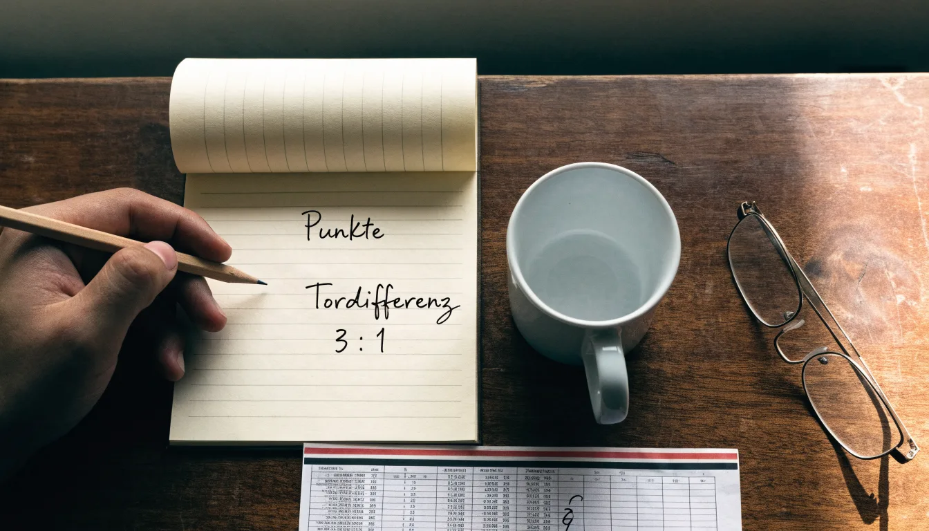 Ein Taschenrechner und ein Bleistift liegen auf einem handbeschriebenen Notizblock neben einer Tasse Kaffee.
